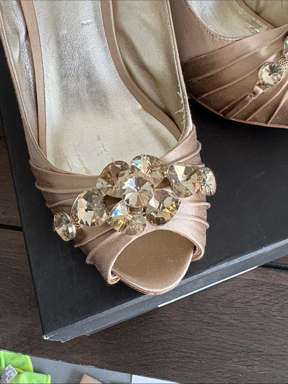 Pelle Moda Champagne Satin Peep-Toe Heels with Crystal Embellishment